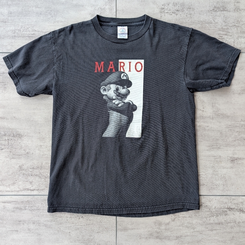 Vtg Y2K Delta Pro Weight Mario Brothers Nintendo Black Graphic T Shirt Medium
